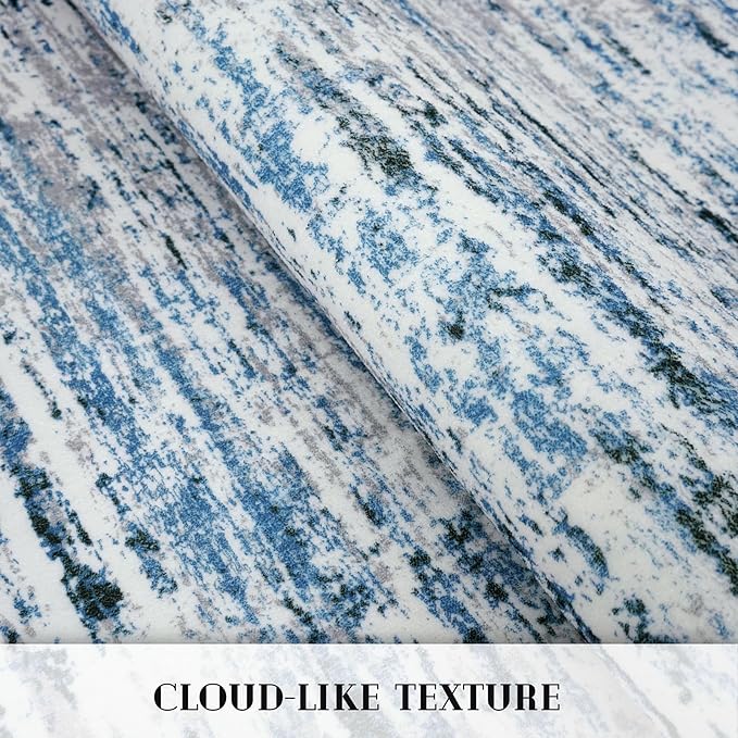 Modern Abstract 4x6 Living Room Washable Rug Non-Slip Soft Bedroom Area Rug Grey Blue White Thin Print Faux Wool Floor Carpet Throw Rugs for Nursery Playroom Dining Room Indoor Home Decor