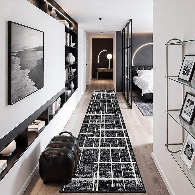 Modern Stripe Hallway Runner Rug Non Slip, Washable 2x10 Runner Rug, Woven Thin Low Pile Carpet Runners for Hallway 10ft Entryway, Kitchen, Walkway -Midnight Black
