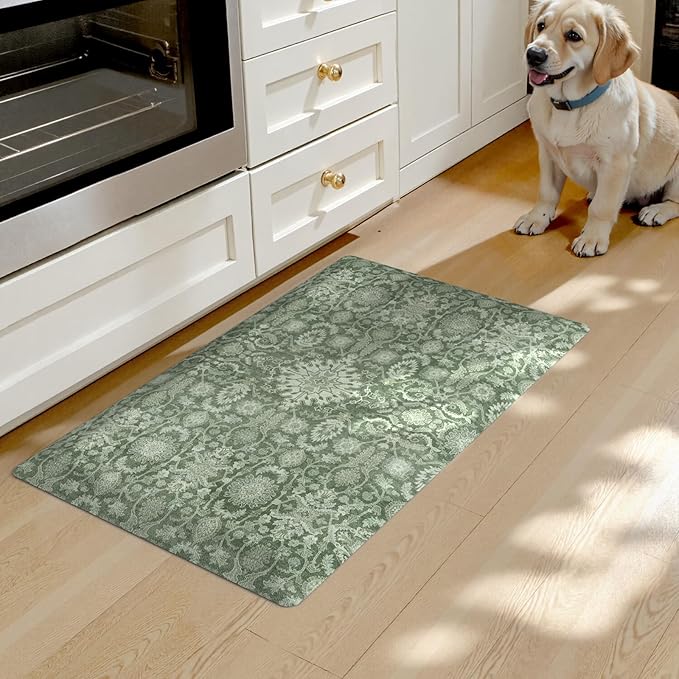 Collive Kitchen Mats Cushioned Anti Fatigue, Non Slip Waterproof Kitchens Floor Mat Green/Grey Vintage Floral Sink Rug, Comfort Desk Standing Rugs for Bedroom, Office, Laundry, 17.3''x28''