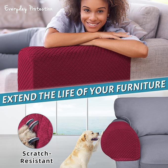 Roytub Stretch Couch Arm Covers, Breathable Armrest Covers for Sofas and Chairs - Scratch-Resistant, Protect and Decorate Your Sofa (Medium, Burgundy, 2PCS)