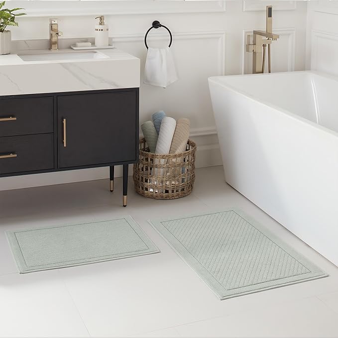 Arkwright 2 Piece 100% Cotton Bathroom Rug Set - High Absorbent Stylish Textured Woven Design Bath Mat, Slip Resistant Backing for Shower and Bathtub Floor, 17x24 & 20x32 in - Green