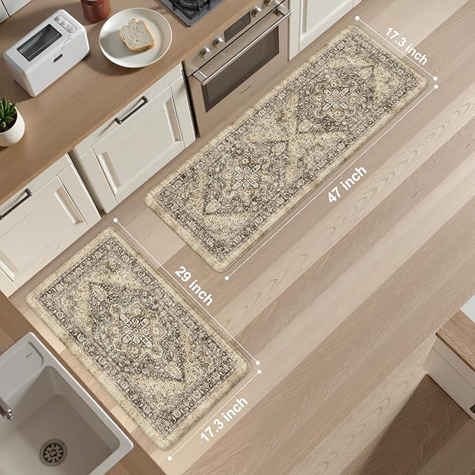 KIMODE Anti Fatigue Kitchen Mat, Boho Distressed Kitchen Rugs Sets of 2, Kitchen Floor Mats Non Slip Cushioned, Waterproof Standing Mat for Laundry, Office, Sink, Desk, Brown 17"x47"+17"x29"
