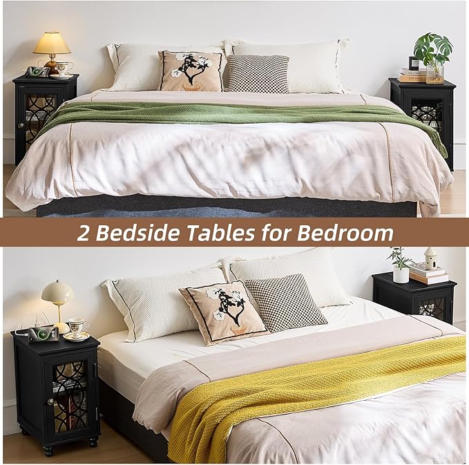 Narrow Side Table with Charging Station, Night Stand with Glass Door, Bedside End Tables with Adjustable Shelf Storage Cabinet,Wood Nightstand for Small Spaces Living Room Bedroom