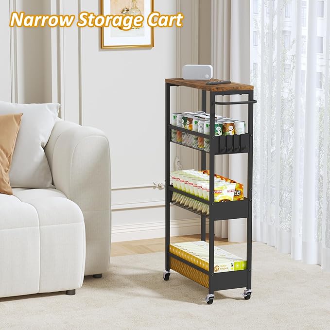 Slim Rolling Storage Cart, 4 Tier Metal Narrow Utility Cart with Handle and Wood Top, Multifunctional Small Mobile Shelf Unit Organizer Trolley for Laundry, Bathroom, Kitchen