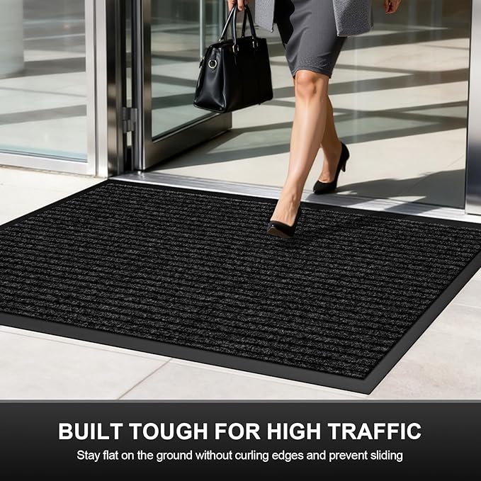 Non-Slip Waterproof Rubber Door Mat, 3' x 5' Commercial Floor Mat for High Traffic Areas, Easy Clean Low Profile, for Entrance, Indoor/Outdoor, Office, Patio, Garage