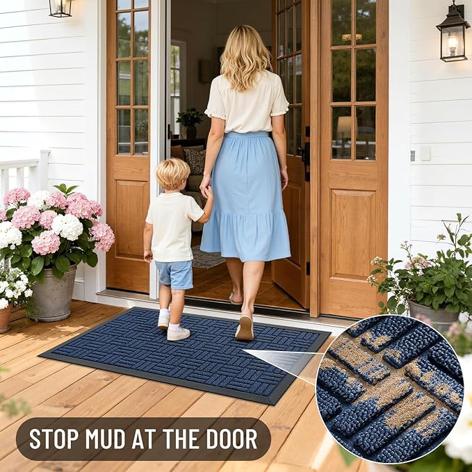 OLANLY Front Door Mat Outside Entrance 29.5x17, Absorbent, Heavy Duty Sturdy Natural Rubber Doormat Indoor Outdoor, Non-Slip, Stain and Fade Resistant, Low Profile Floor Mat for Entryway, Navy Blue