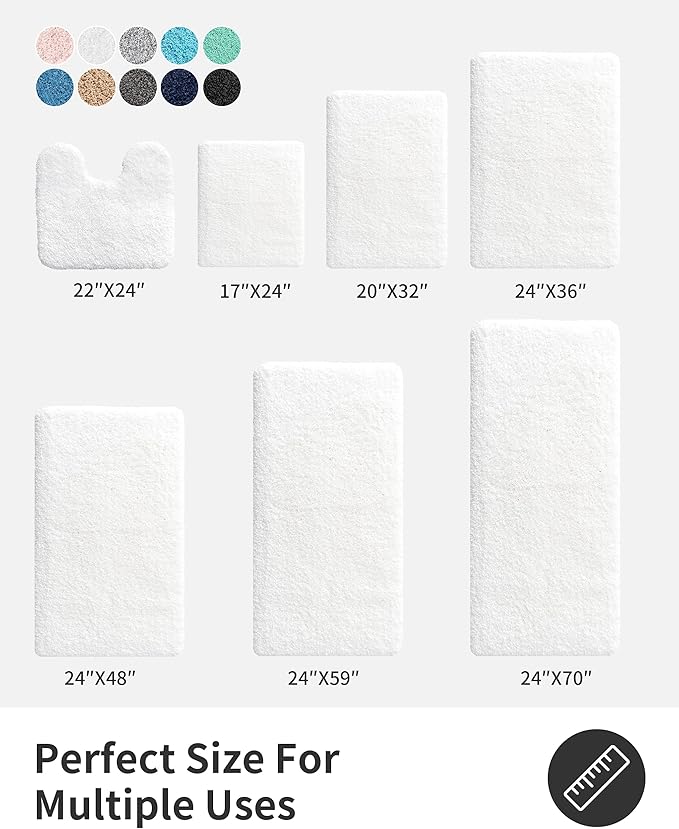 ILANGO White Bathroom Rugs 32" × 20" Non Slip & Super Absorbent Extra Thick Soft, Washable Bath Mat for Floor, Microfiber Plush Shaggy Bath Rug with Rubber for Bathtub Shower Room Sink