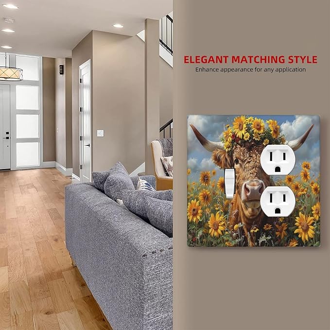 Wallplates Vintage Sunflower Highland Cow Rustic Art 1 Toggle 1 Duplex Switch Plate Electrical GFCI Faceplate Decorative Light Switch Covers for Bedroom Farmhouse Decor