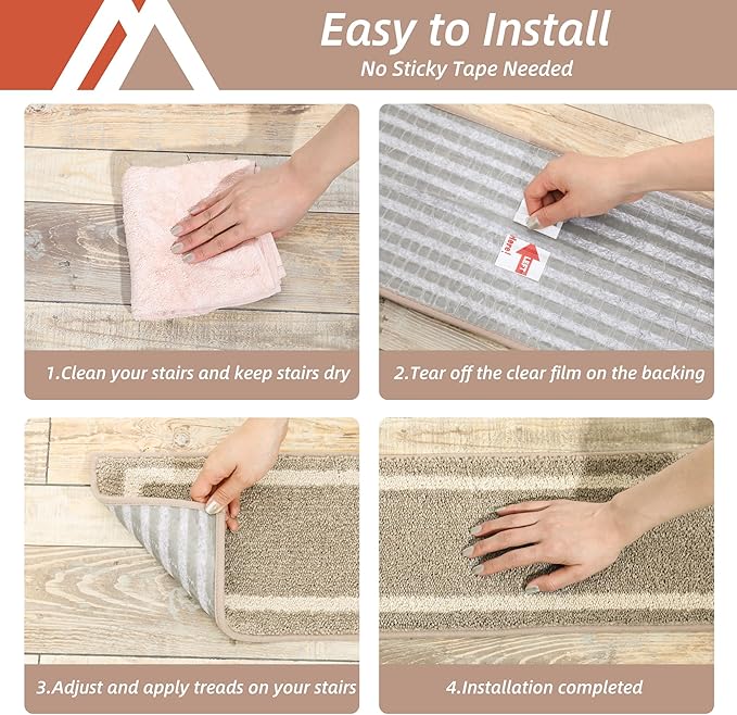 COSY HOMEER Soft Stair Treads Non-Slip Carpet Mat 28inX9in Indoor Stair Runners for Wooden Steps,Stair Rugs for Kids and Dogs, 100% Polyester TPE Backing 4pcs,Beige,Square
