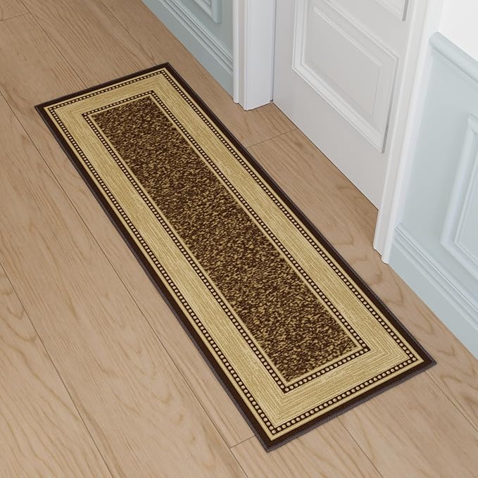 Ottomanson Hallway Runner Rug 20" x 59" Non Slip Border Area Rugs Easy to Clean Laundry Rug Runner Durable & Pet Friendly Floor Carpet Runners for Hallways Entryway Living Room Kitchen, Brown