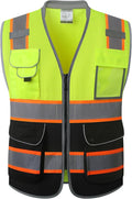 JKSafety 9 Pockets Class 2 Hi-Vis Safety Vest High Visibility Reflecitive Mesh Safety Vests for Men and Women Cushioned Collar Work Utility PPE Work Gear ANSI/ISEA compliant (101-YBlack 3XL)