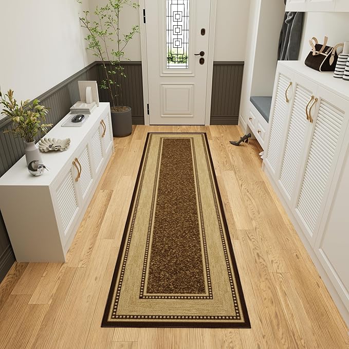 Ottomanson Hallway Runner Rug 2'7" x 9'10" Non Slip Border Area Rugs Easy to Clean Laundry Rug Runner Durable & Pet Friendly Floor Carpet Runners for Hallways Entryway Living Room Kitchen, Brown