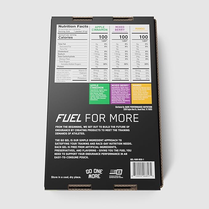 BARE PERFORMANCE NUTRITION, BPN Go Gel Endurance, 24g of Carbohydrates & 100 Calories per Pack, Vegan + Gluten Free Running Gel, 15 Single-Serving Variety Pack