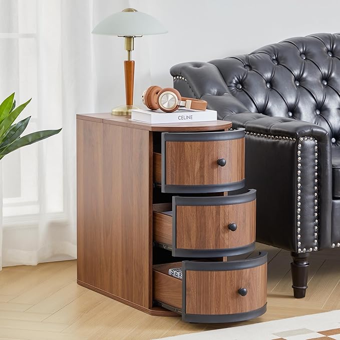 End Table with Charging Station for Couch,Mid-Century Modern Narrow Sofa Side Table with Drawer for Living Room,Small Bed Side Table for Bedroom (Walnut, MCM)