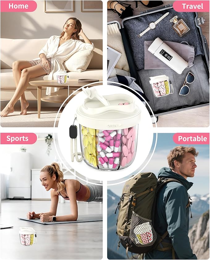 Pill Organizer,Pill Dispenser with 7 Large Compartments,Portable Pill Box for Travel, Anti-Mix Design & Wide Opening Design, Easy Access to Vitamin Dispenser, Includes 20 Blank Stickers(White)