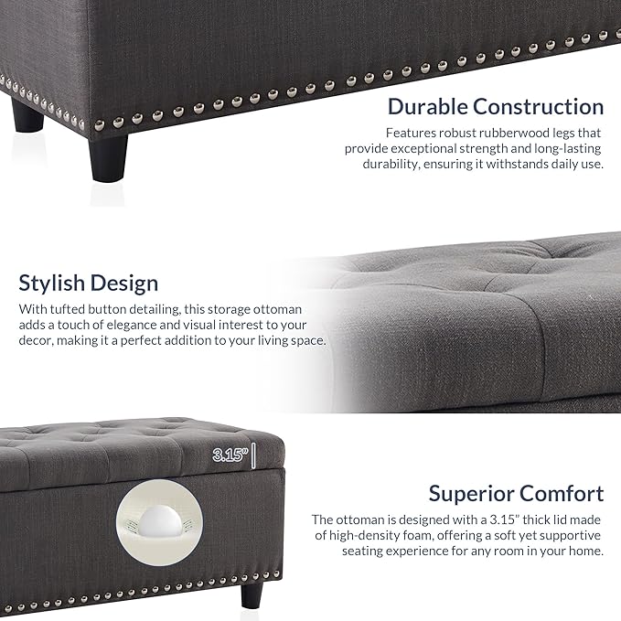 BELLEZE 47" Storage Ottoman, Storage Bench with Safety Close Hinge, Faux Leather Button-Tufted Ottoman for Living Room, Entryway, Hallway, Foot Rest, Support 300lbs - Dark Gray