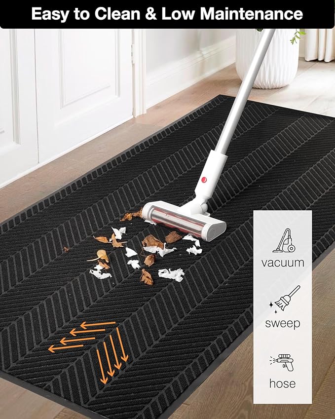 16" x 32" Black Front Door Mat Indoor Outdoor, Low Profile Welcome Doormat for Entrance, Waterproof All-Weather Entry Mat for High Traffic Area