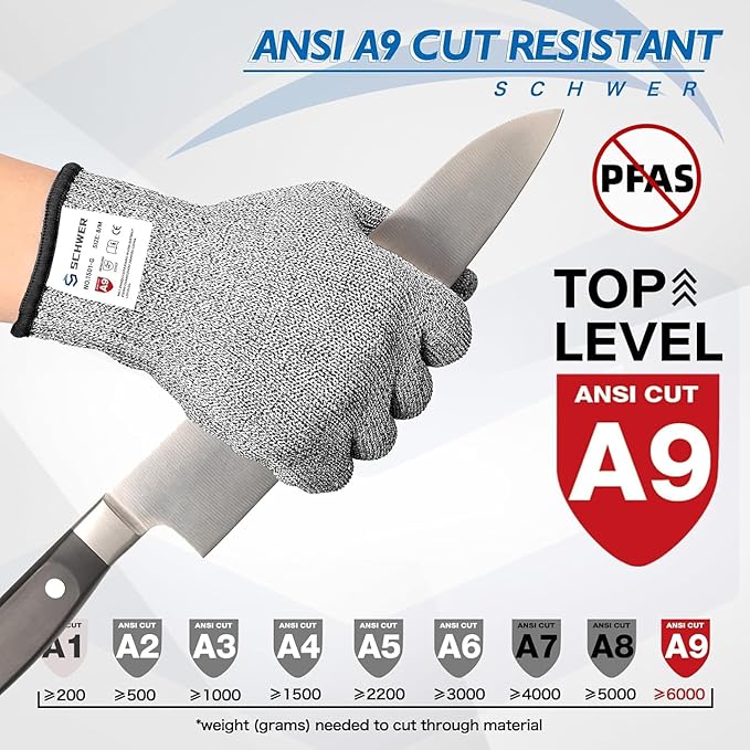 Schwer SlicePro ANSI A9 Cut Resistant Gloves, Food Grade Reliable Cutting Glove, Mandoline Gloves for Kitchen Meat Cutting, Oyster Shucking, Fish Fillet Processing, Non-PFAS, PR1501-G, XL