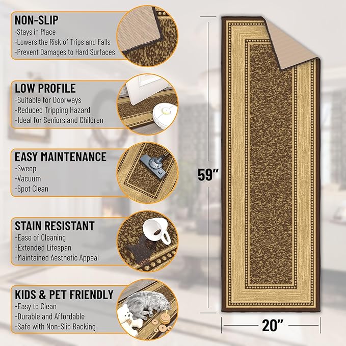 Ottomanson Hallway Runner Rug 20" x 59" Non Slip Border Area Rugs Easy to Clean Laundry Rug Runner Durable & Pet Friendly Floor Carpet Runners for Hallways Entryway Living Room Kitchen, Brown