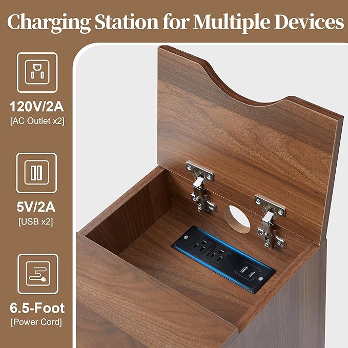 End Table with Charging Station for Couch,Mid-Century Modern Narrow Sofa Side Table with Drawer for Living Room,Small Bed Side Table for Bedroom (Walnut, MCM)