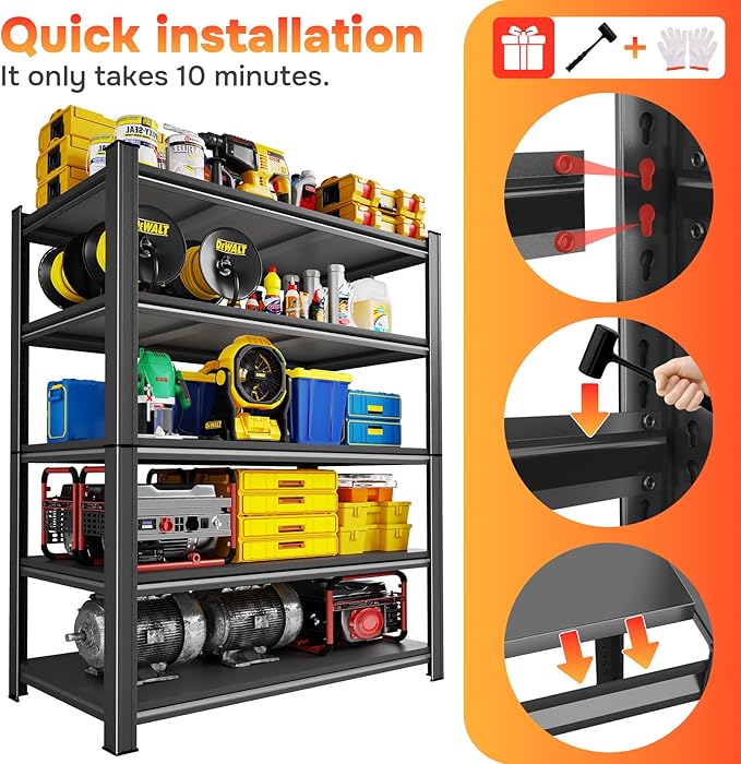 72" H x 39.4" W Metal Storage Shelves, 5-Tier Garage Shelving Unit, Heavy Duty & Adjustable, Easy Assemble Rust-Resistant Utility Rack for Pantry Kitchen, Pantry, Basement, Warehouse
