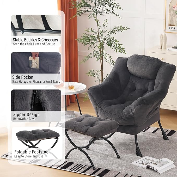 Oversized Chair with Ottoman, Modern Reading Chair, Lounge Accent Chair with Armrests and a Side Pocket for Small Space, Bedroom, Study, Living Room (Plush Dark Greyish Blue)