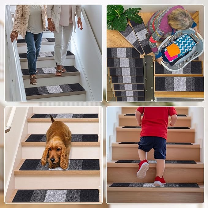 OLANLY Stair Treads Non Slip 4PCS, 8" x 30" Indoor Stair Runners for Wooden Steps, Edging Stair Rugs with Reusable Peel and Stick Adhesive for Kids Elders and Pets, Black