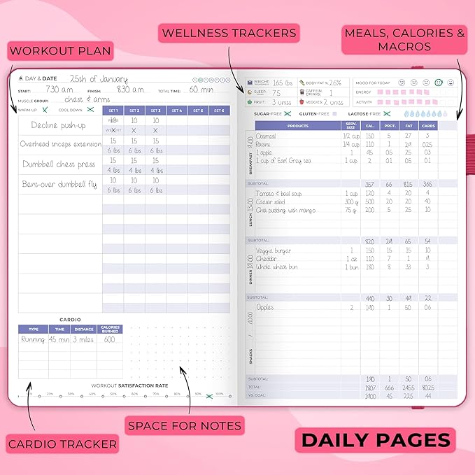 Clever Fox Fitness & Food Journal – Nutrition & Workout Planner for Women & Men – Diet & Gym Exercise Log Book with Calendars, Diet & Training Trackers - Undated, A5 Size, Hardcover (Fuchsia)