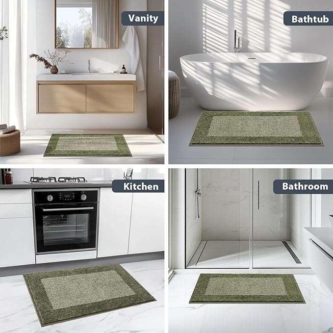 Bathroom Rugs 24" x 36", Non-Slip Extra Soft Absorbent Bath Rugs, Machine Washable Quick Dry Bath Mats for Bathroom Floor, Shower, Bathtub and Sink, Olive Green & Green