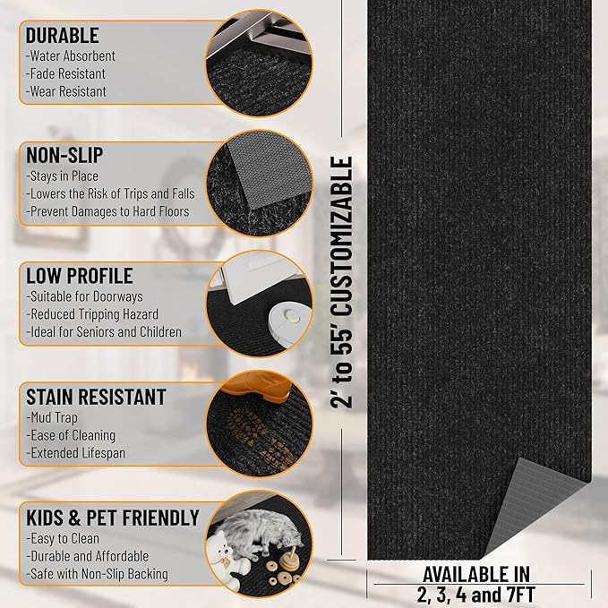 Ottomanson 2'7" x 5' Mud Mat Area Rug Scraper Carpet - Non-Slip, Dirt Trapping for Indoor & Outdoor Use - Ideal for Entryway, Garage, Kitchen, Patio & High-Traffic Areas, Black
