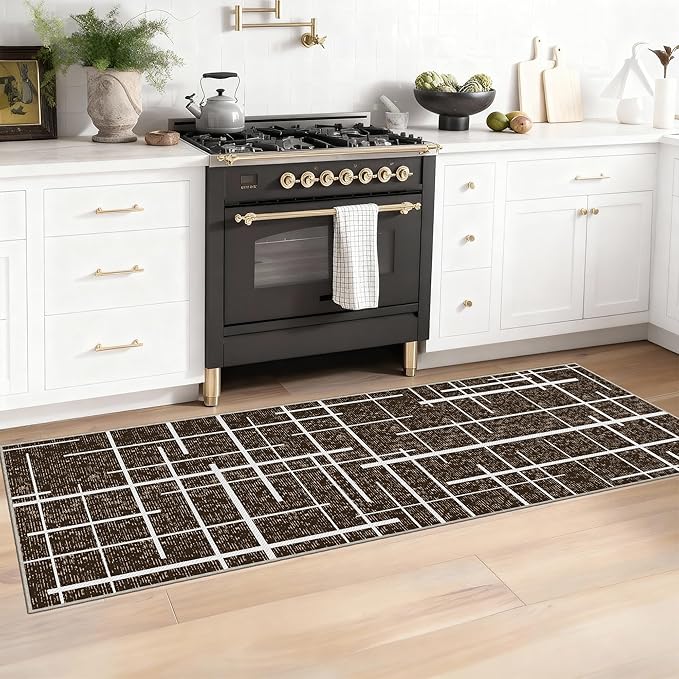 Washable Runner Rug 2x6, Brown Modern Distressed Stripe, Kitchen Runner Rug Non Slip, Woven Thin No Shed Runners for Entryway, Kitchen, Laundry Room- Brown