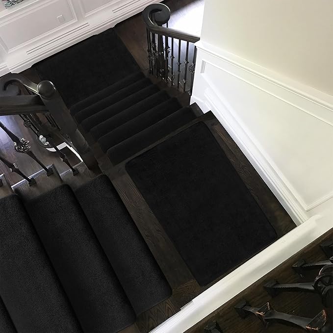 PURE ERA Carpet Stair Treads Ultra Plush 9.5" X 30"Soft Bullnose Indoor Stair Protectors Pet-Friendly Non-Slip Skid Resistant Tape Free Washable Reusable(14 Pieces,Black)