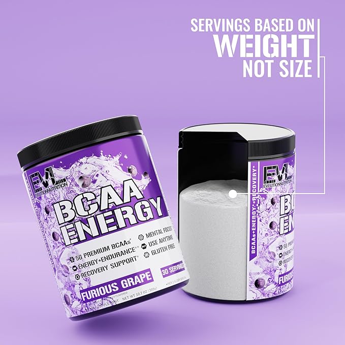 EVL BCAAs Amino Acids Powder - BCAA Energy Pre Workout Powder for Muscle Recovery Lean Growth and Endurance - Rehydrating Post Workout Recovery Drink with Natural Caffeine - Furious Grape