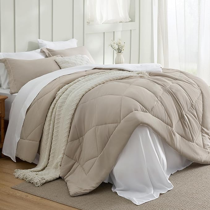 Bedsure Queen Comforter Set - 7 Pieces Reversible Beige and White Bedding, Queen Size Bed Set for All Seasons, Bed in a Bag with Down Alternative Comforter, Sheets, Pillowcases & Shams