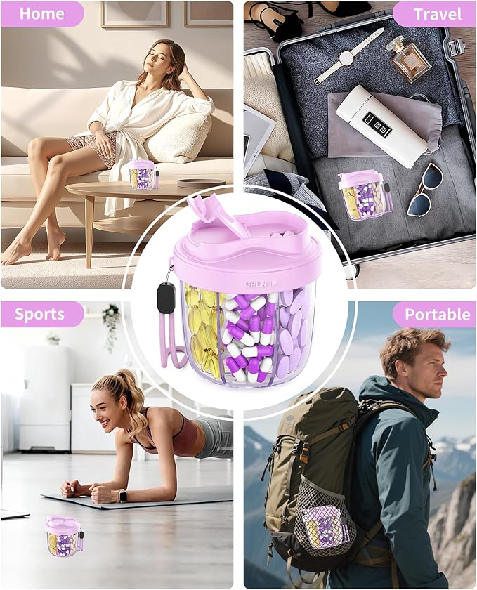 Pill Organizer,Pill Dispenser with 7 Large Compartments,Portable Pill Box for Travel, Anti-Mix Design & Wide Opening Design, Easy Access to Vitamin Dispenser, Includes 20 Blank Stickers(Purple)