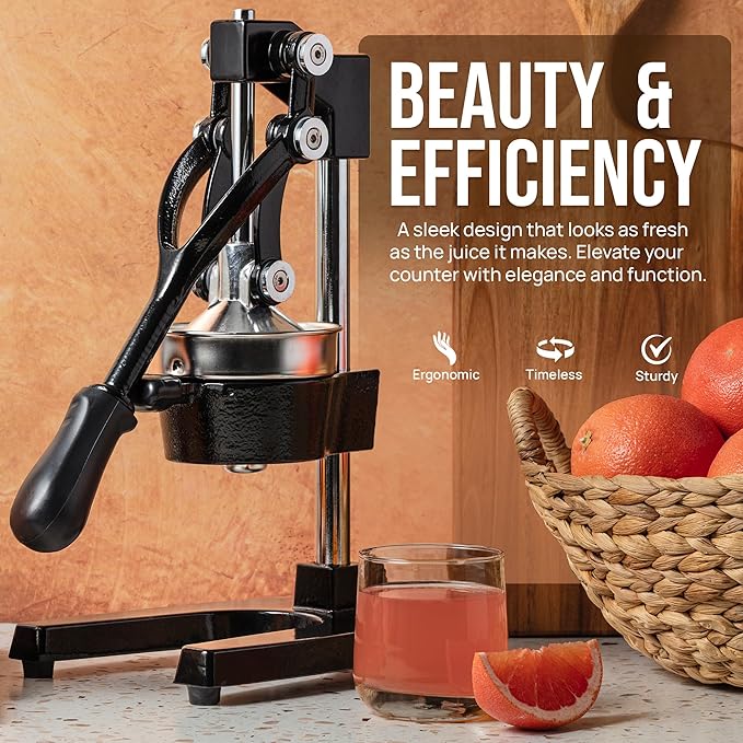 Zulay Kitchen Cast Iron Juicer - Easy-to-Clean Heavy-Duty Manual Juicer, Professional Citrus Juicer - Stainless Steel Lemon Squeezer - Manual Citrus Press & Orange Squeezer - Orange Juicer (Black)