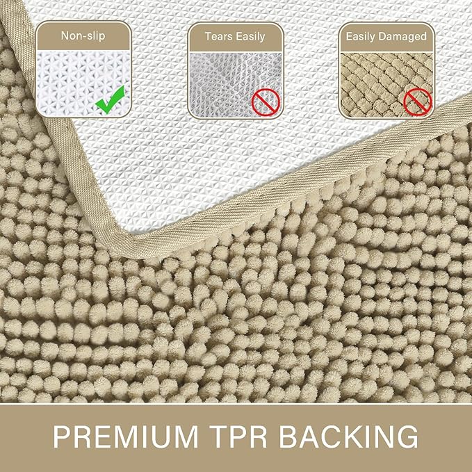 LOCHAS Luxury Bathroom Rug Shaggy Bath Mat 24 x 70 Inch, Washable Non Slip Bath Rugs for Bathroom Shower, Soft Plush Chenille Absorbent Carpets Mats, Beige