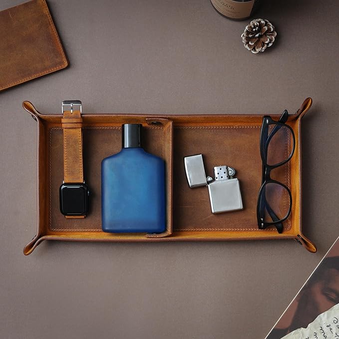 Handmade Leather Catch All Tray and Organizer for Keys, Phones, Jewels, Coins, Rectangular, Deep Brown