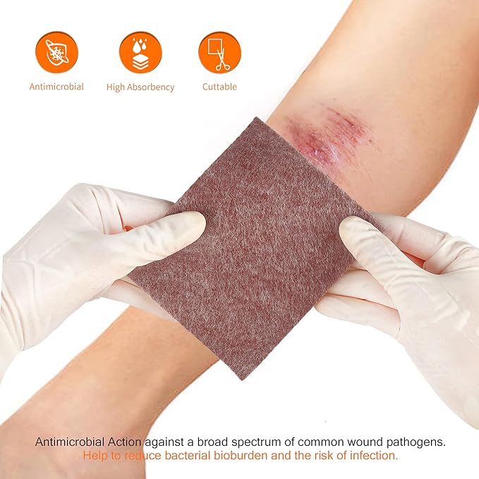 Silver Calcium Alginate Wound Dressing Pad 4''x4'', 10 Packs, High Absorbency Non-Stick Ag Gauze Patch for Pressure Ulcer,Bed Sore,Leg Sore,Diabetic Foot Ulcer