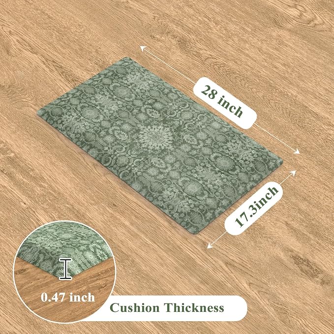 Collive Kitchen Mats Cushioned Anti Fatigue, Non Slip Waterproof Kitchens Floor Mat Green/Grey Vintage Floral Sink Rug, Comfort Desk Standing Rugs for Bedroom, Office, Laundry, 17.3''x28''