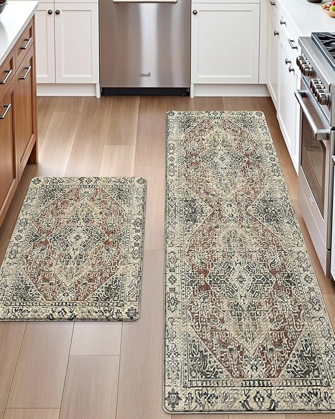 DEXI Kitchen Mats for Floor Cushioned, 23x35+23x59 Extra Large Runner Rug Non Slip, Waterproof Soft Comfort Standing Padded Anti Fatigue Decorative Set of 2, Cream Red