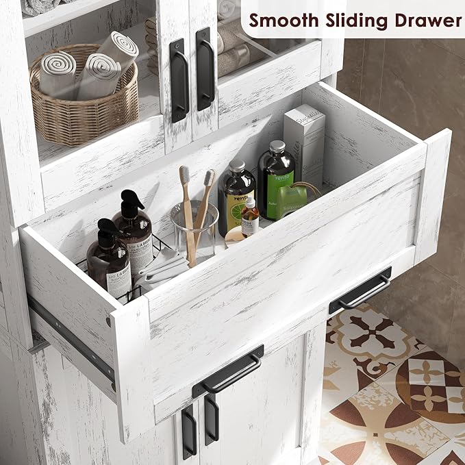 GarveeHome 67" Tall Bathroom Cabinet with 4 Doors & Flip Glass Drawer, Storage Cabinet with Adjustable Shelves, Freestanding Organizer for Kitchen, Living Room (Ivory)