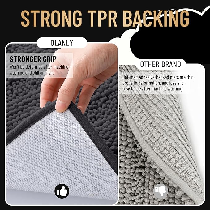 OLANLY Thick Toilet Rugs U-Shaped 24x20, Extra Soft Absorbent Chenille Striped Contour Bathroom Rugs for Toilet, Dry Quickly, Machine Washable, Non-Slip Bath Mat, Dark Grey