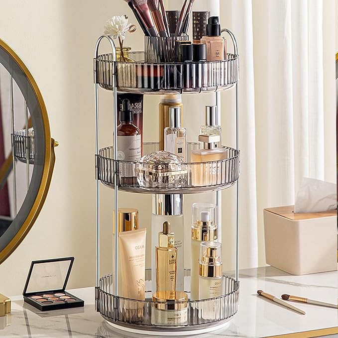 Aveniee 360° Rotating Makeup Organizer for Vanity, Upagraded Perfume Skincare Bathroom Counter Organizers with Brush Divider, 3 Tier Spinning Lipstick Cosmetic Lotion Storage,Grey