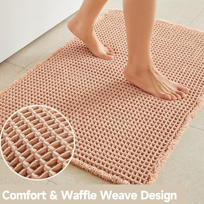 Waffle Runner Rug Bathroom, Long Boho Bathroom Rugs Non Slip Washable Super Absorbent Quick Dry Farmhouse Bath Decor, 72"x24" Light Peach