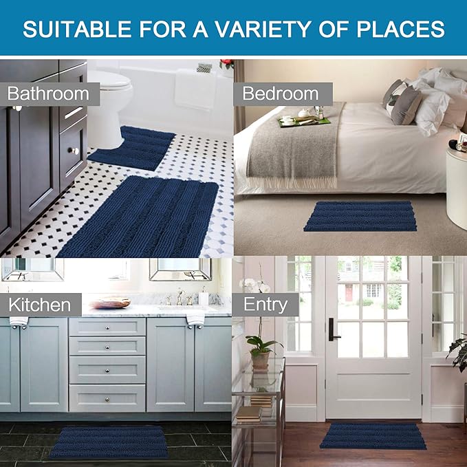 H.VERSAILTEX Bathroom Rugs Bath Rug Set 2 Piece Bathroom Contour Rug Toilet Mat Sets Non Slip Contour Bath Rug Ultra Thick Water Absorbent Striped Bath Mats Washable(20" x 32" Plus 20" x 20" U, Navy)