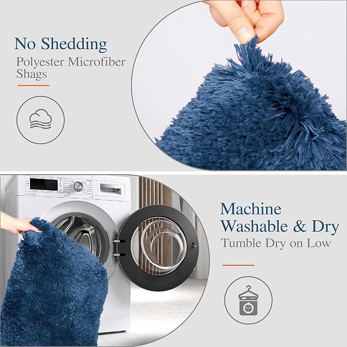 Walensee Non Slip Bath Mat (16 x 24, Navy) - Soft Microfiber Shaggy, Water Absorbent, Machine Washable, Thick Plush Shower Rug