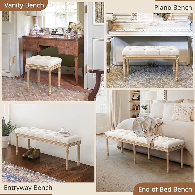 LUE BONA 44" Bedroom Bench, Fabric End of Bed Bench, Upholstered French Tufted Ottoman Bench with Carved Wood Legs for Bedroom End of Double Full Queen Size Bed, Living Room, Beige