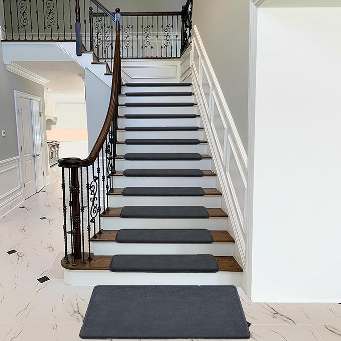 PURE ERA Carpet Stair Treads Ultra Plush 9.5" X 30"Soft Bullnose Indoor Stair Protectors Pet-Friendly Non-Slip Skid Resistant Tape Free Washable Reusable(2 Pieces,Dark Gray)