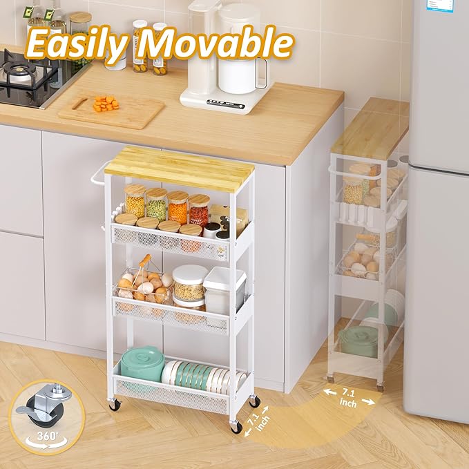 Slim Rolling Storage Cart, 4 Tier Metal Narrow Utility Cart with Handle and Wood Top, Multifunctional Small Mobile Shelf Unit Organizer Trolley for Laundry, Bathroom, Kitchen